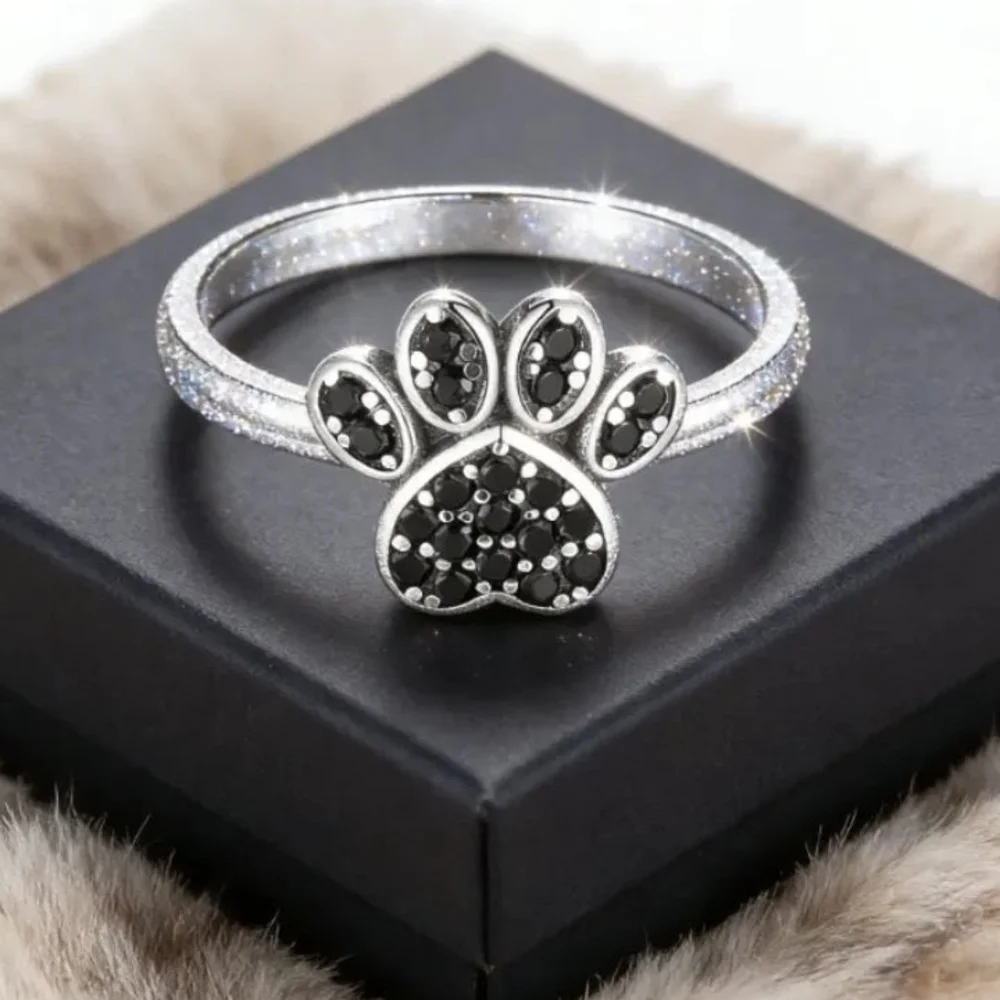 Silver Paw Print Ring with Black Rhinestones Dog Lover Jewelry - Picture 3 of 6